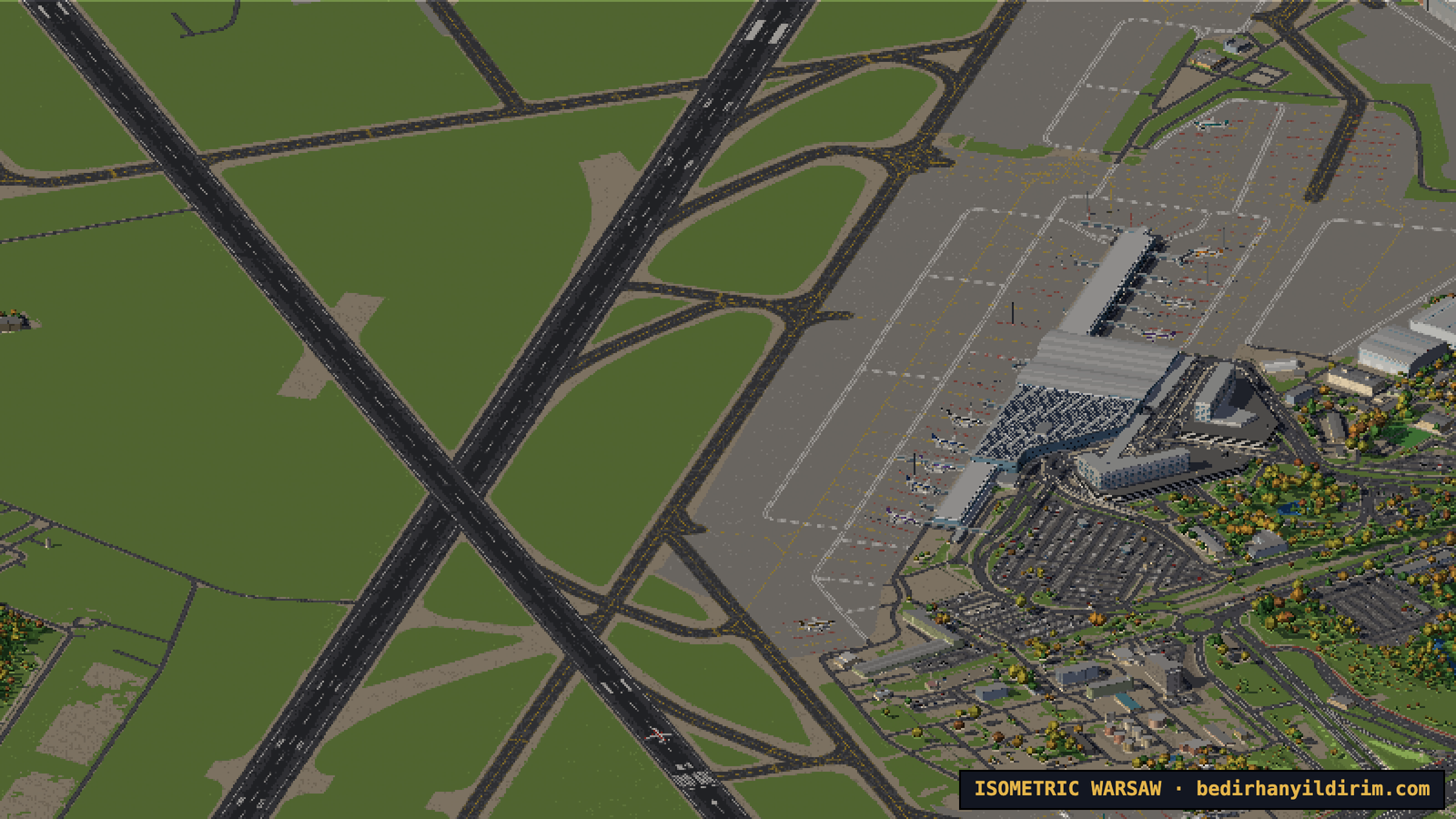 Chopin Airport with aircraft on the runways and at the terminal