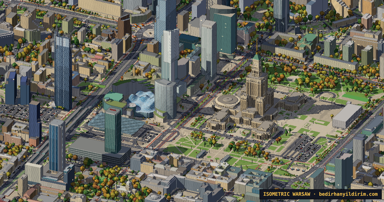 Isometric Warsaw: the Palace of Culture and the city centre skyline as an isometric pixel-art map