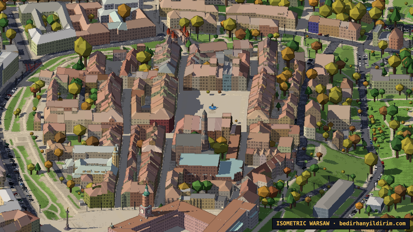 Warsaw Old Town Market Square with real pitched roofs from GUGiK LoD2 data