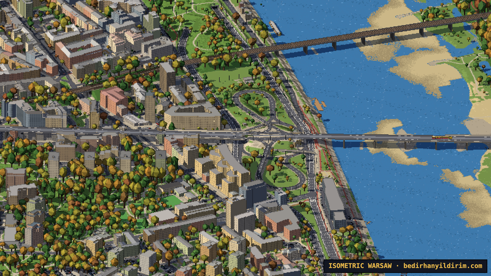 Poniatowski Bridge and its viaduct crossing the Vistula in pixel art