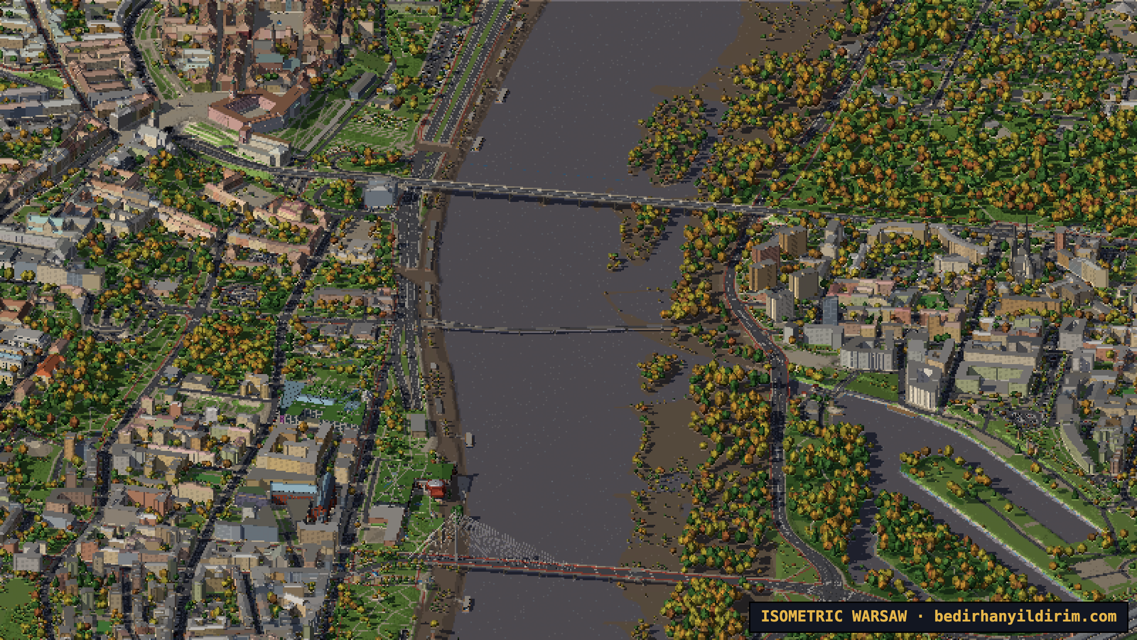 A flood on the Vistula covering the low banks in central Warsaw