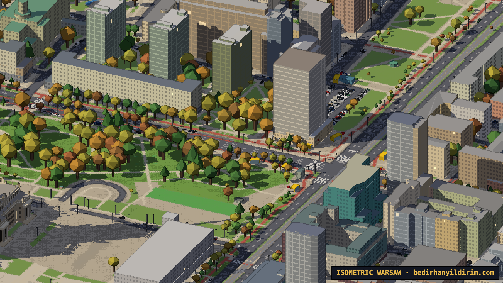 Red cycle paths along Marszałkowska and Świętokrzyska streets in central Warsaw in pixel art