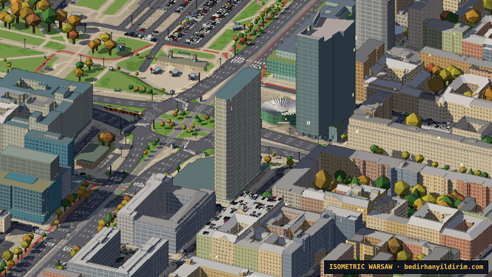 Lane markings, zebra crossings and trams at Rondo Dmowskiego in pixel art