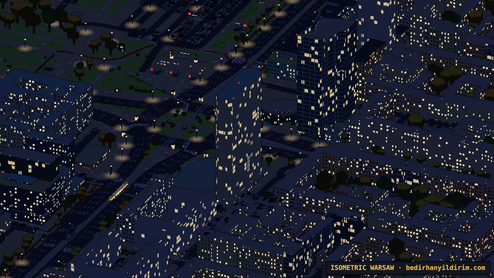 Street lamps casting warm light on the roads of central Warsaw at night