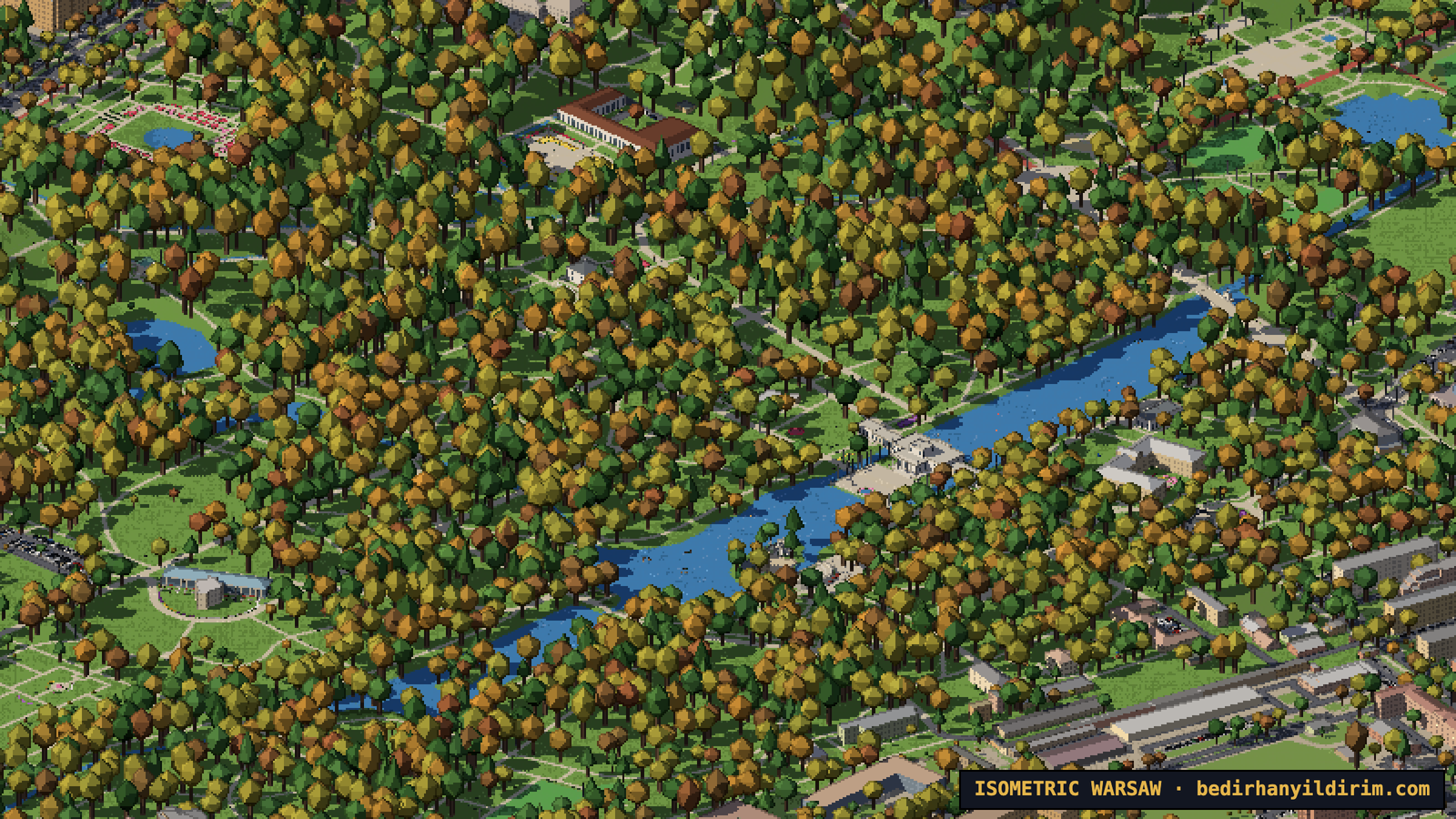 Łazienki Park in autumn with yellow and orange trees