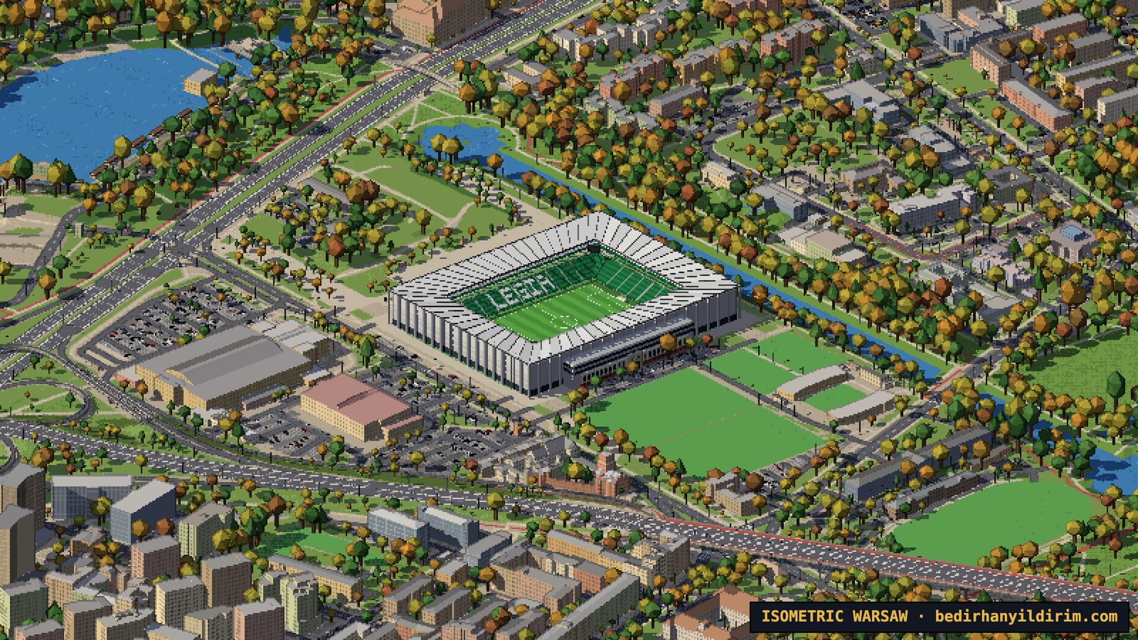 Legia Warsaw stadium at ulica Łazienkowska in pixel art