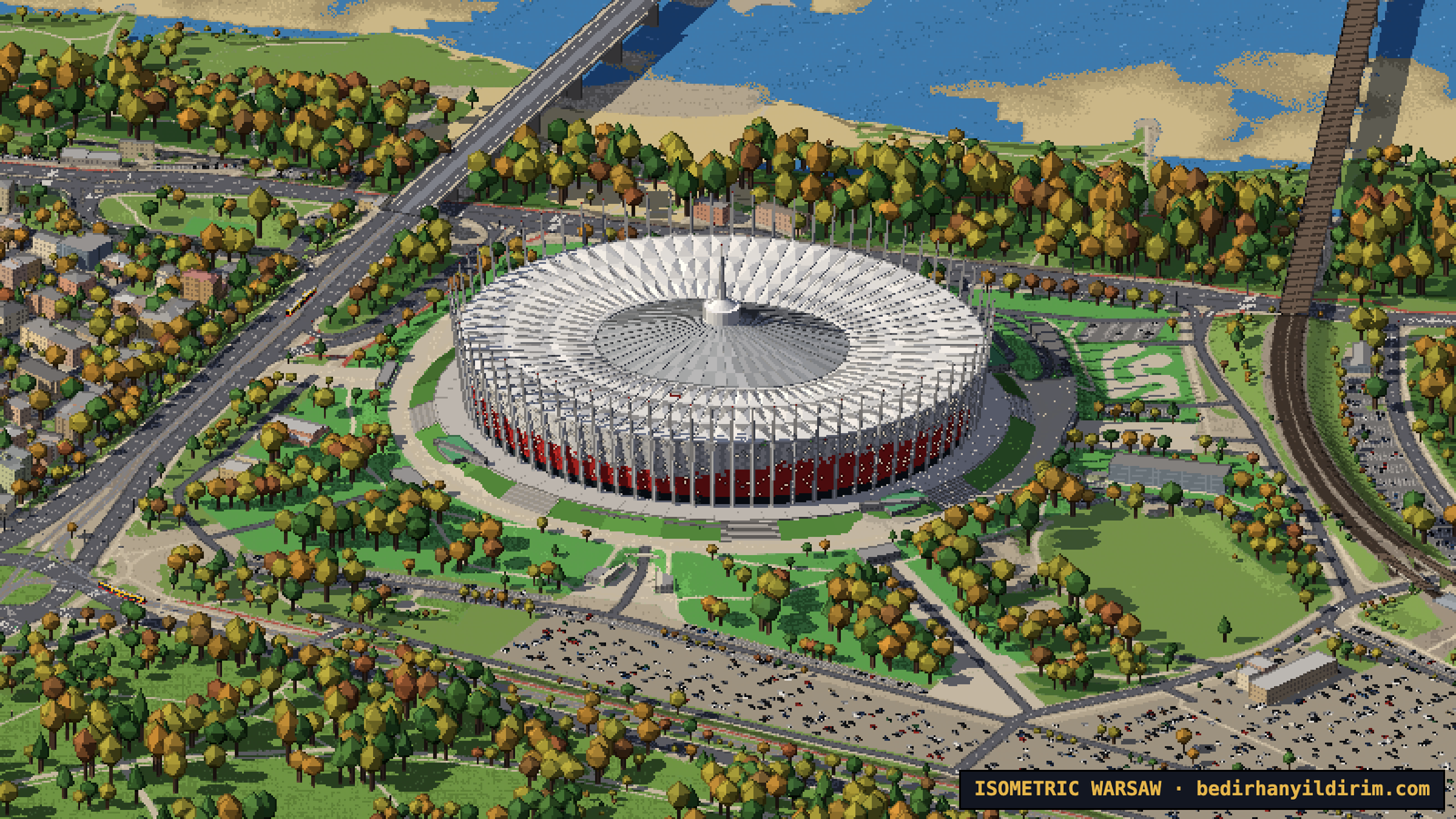 PGE Narodowy stadium with its red and white facade in pixel art