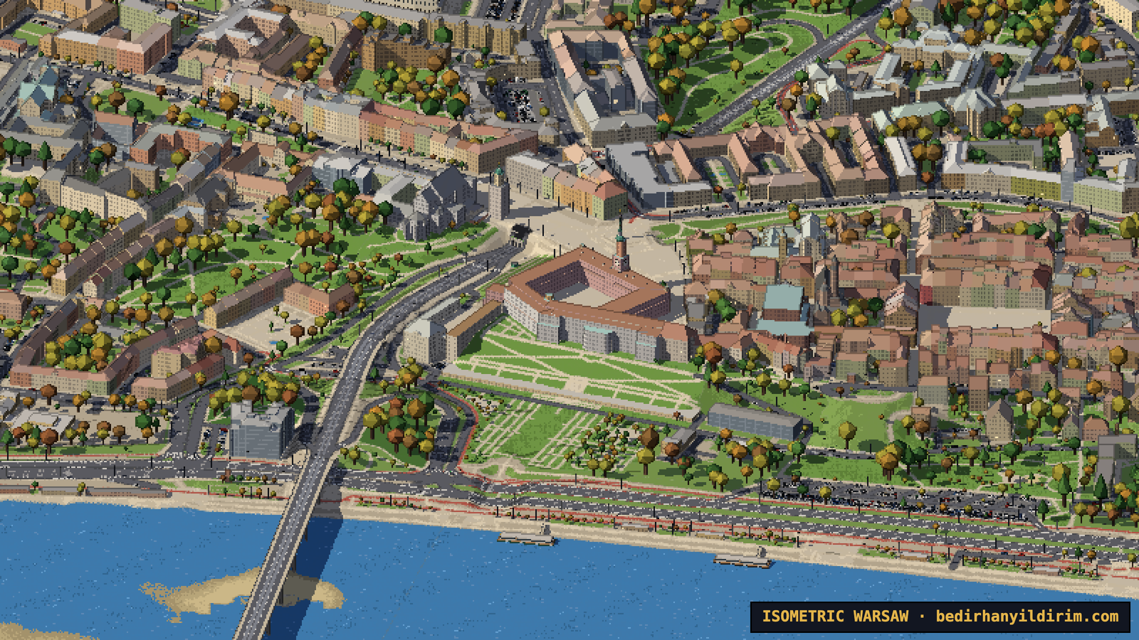 Royal Castle and Old Town on the Vistula escarpment with real terrain heights