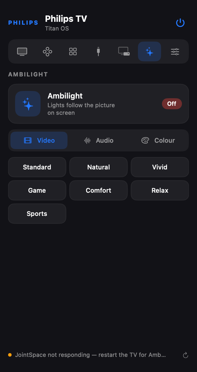 Ambilight settings in the Philips Titan OS Mac menu bar app