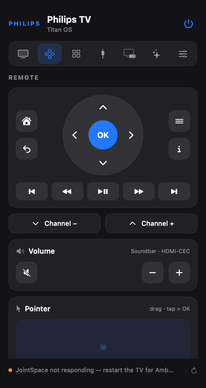 SwiftUI Philips Titan OS remote with directional pad, playback, channel and volume controls