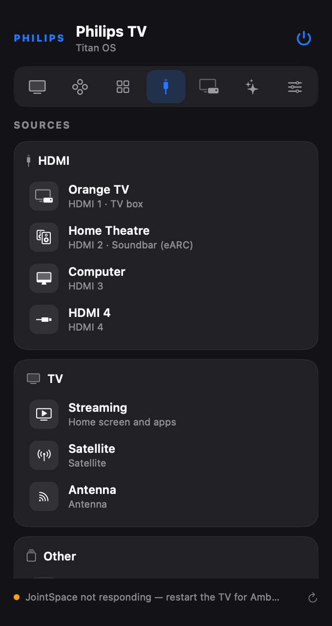 HDMI and TV source switching in the Philips Titan OS Mac remote