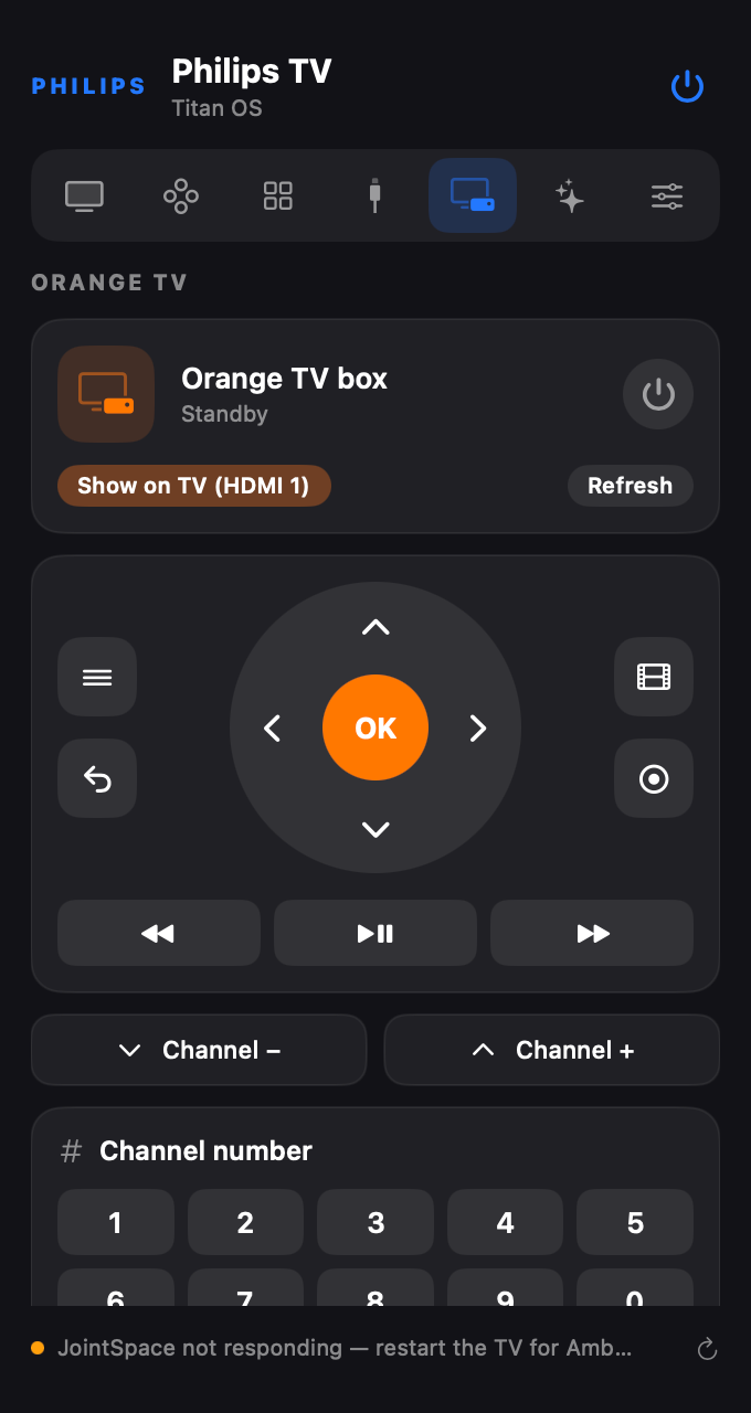 Orange TV decoder controls in the Mac TV remote app