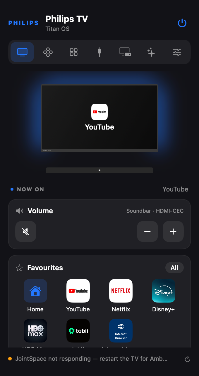 Mac menu bar remote app for a Philips Titan OS TV showing YouTube as the current app