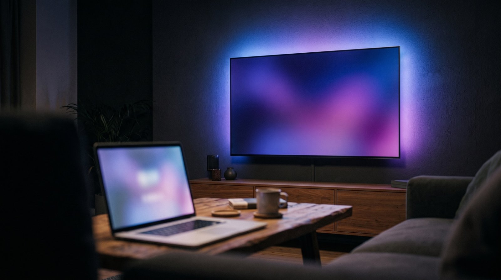 Mac TV remote with AI: a laptop on a coffee table controlling a wall-mounted TV with blue and purple ambient backlight
